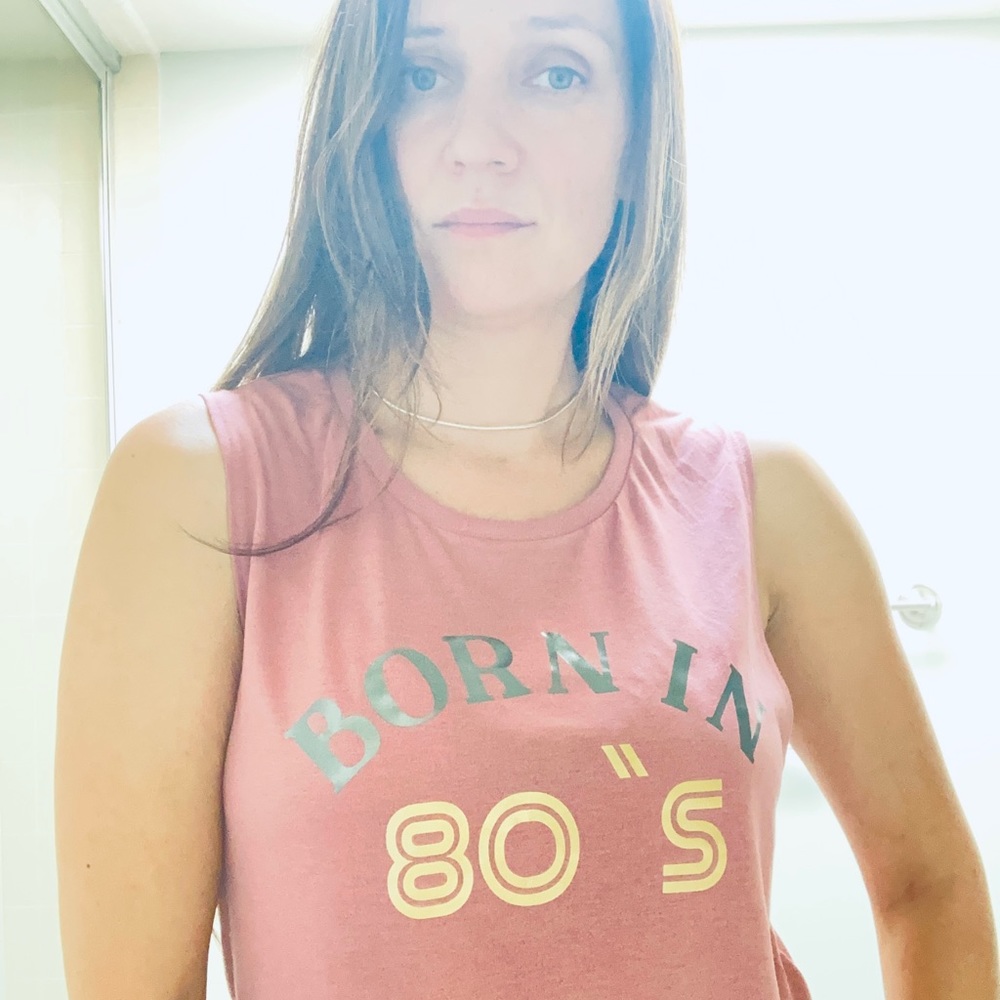 New Born in 80’s gold metallic print pink t-shirt tank yoga casual sezane
